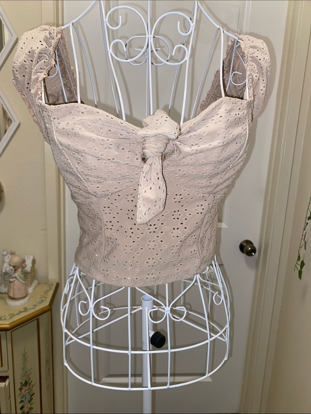 Eyelet Tie-Front Crop Top in Light Blush
